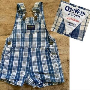 Vintage OshKosh B’Gosh‎ Infant Size 12 Months Blue Plaid Denim Shortalls